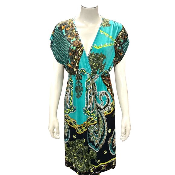 5th Love Large Turquoise Lime Green Black Printed Boho Dress Summer Vacation - Picture 2 of 13